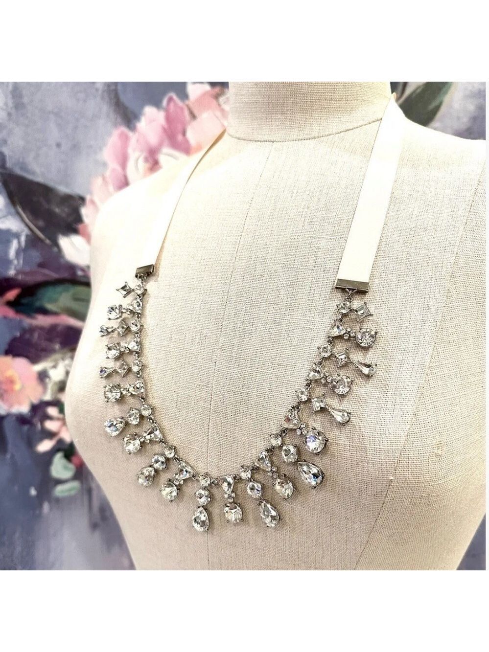 🎀 LOFT 🎀 Pink Ribbon-Tie Crystal Fringe Adjustable Statement Necklace 🎀 NWOT